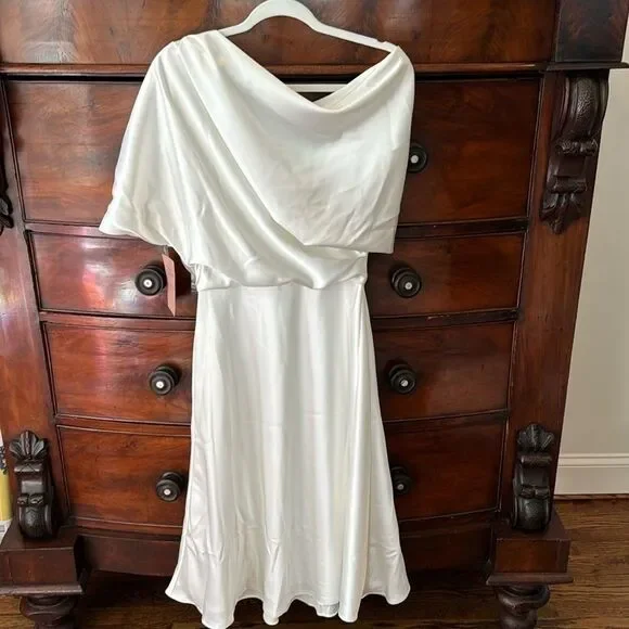Amsale Draped Lustrous Satin One-Shoulder Midi-Dress In Color Ivory Size 6